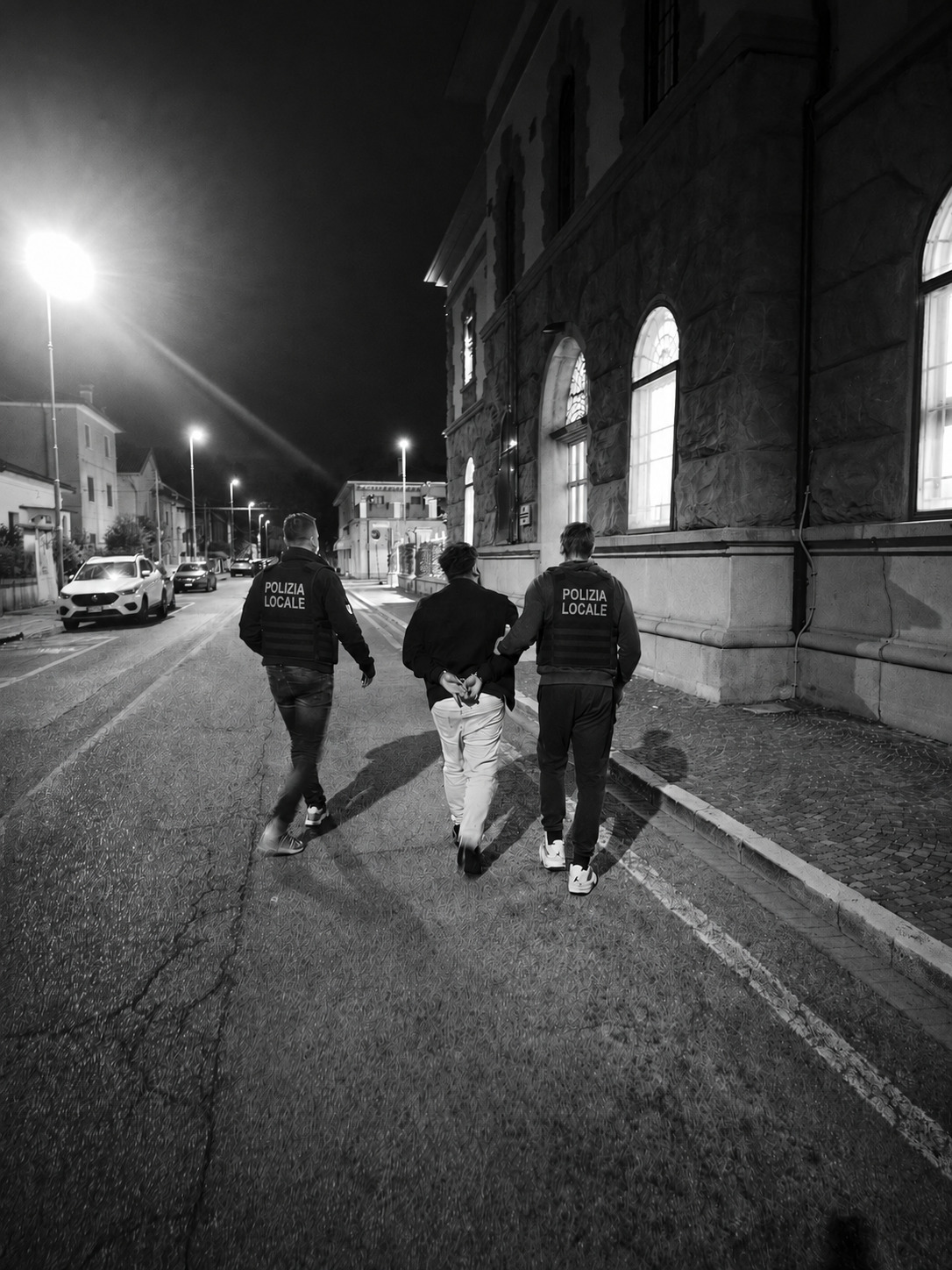 Sono le 02:56 del 29 aprile 2026. Una strada quasi deserta, la luce fredda dei lampioni e il silenzio della notte fanno da cornice a un momento che non era stato preparato, né costruito per essere fotografato. Due operatori della Polizia Locale di Reana del Rojale accompagnano un uomo verso la Casa Circondariale di Udine. Nessuna posa, nessuno sguardo verso la macchina fotografica. Nel pomeriggio precedente, durante un controllo, gli operatori avevano proceduto all'arresto dell'uomo trovato in possesso di oltre 5 chilogrammi di hashish. Un istante reale, non costruito, capace di raccontare il lavoro della Polizia Locale attraverso ciò che spesso rimane fuori dall'inquadratura ufficiale. La Polizia Locale di Reana del Rojale è formata da 3 operatori e il Comandante a scavalco per 12 ore settimanali, ciò ad indicare quando lavoro, passione e dedizione non conoscono confini.